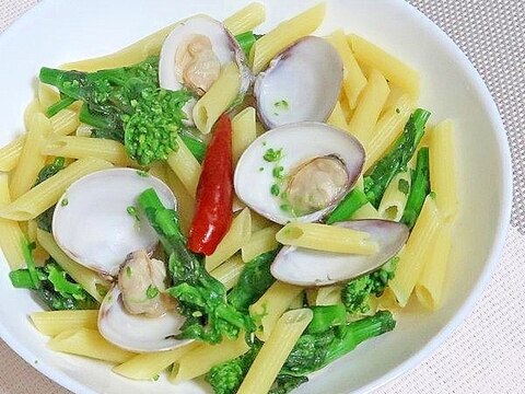 はまぐりと菜の花の酒蒸し風パスタ☆にんにくバター